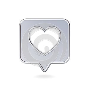 3d social media notification love like icon with hole heart shape on shiny metal speech bubble pin