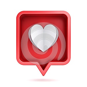 3d social media notification love like paper folding heart icon in red rounded square box pin isolated on white background