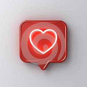 3d social media notification neon light love like heart icon in red rounded square pin isolated on white wall background