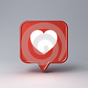 3d social media notification neon light love like heart icon in red speech bubble pin isolated on dark white background