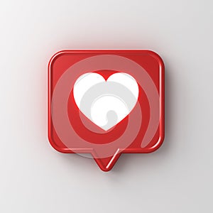 3d social media notification neon light love like heart icon in red speech bubble pin  on white wall background