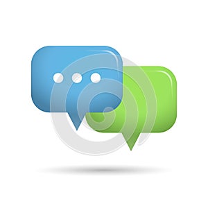3D social media notification, speech bubbles with three dots, ellipses. Button on white background