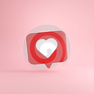 3D social media notification white like heart icon in red speech bubble.