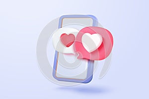 3D social media online platform concept, online social communication, Mobile phone with heart and love emoji icon, like and play