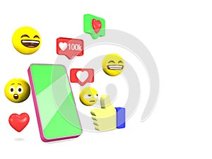 3D Social Media, Online social Network applications concept, emoji, chat , love and like with smartphone, on a isolated background