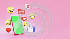 3D Social Media, Online social Network applications concept, emoji, chat , love and like with smartphone, on a pink background.