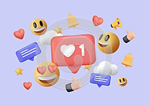 3D Social media platform, Social media 3d concept. Like, heart, thumbs up smile emoji. 3D render online communication