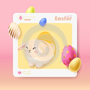 3D social media poster template for Happy Easter. Realistic rabbit jumping out of post.