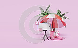 3D social media summer travel with mobile phone, smartphone, tripod, suitcase, umbrella, ball isolated on pink background. online