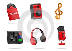 3D sound icons. Music equipment. Red microphone. Headphones and speaker. Musical note. Stereo amplifier console