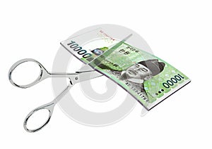 3D south Korean Currency with pairs of Scissors