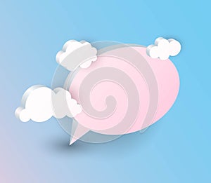 3d Speech Bubble and clouds. Chat icon in blue sky, communication balloon, pink round elements with shadows, chatting and talking