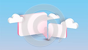 3d Speech Bubble and clouds. Chat icon in blue sky, communication balloon, pink square elements with shadows, chatting and talking