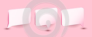 3d Speech Bubble. Realistic chat icon set, communication balloon, pink rectangle elements with shadows, chatting and talking and