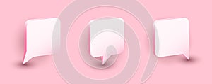 3d Speech Bubble. Realistic chat icon set, communication balloon, pink square elements with shadows, chatting and talking and