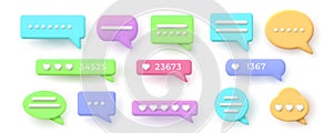 3d speech bubbles for chat messages and like button. Balloon with social network hearts rating. Conversation