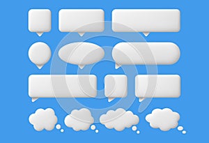 3d speech bubbles. White chat message text bubble, thinking and dialogue empty balloons. Thought comic clouds, online