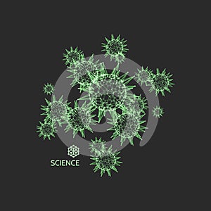 3d sphere with connected lines and dots. Microorganism cells in space. Green virus particles. Abstract vector illustration for