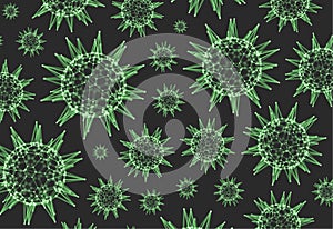 3d sphere with connected lines and dots. Microorganism cells in space. Green virus particles. Abstract vector illustration.
