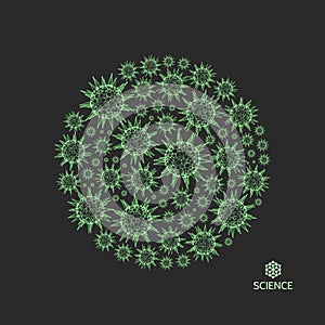 3d sphere with connected lines and dots. Microorganism cells in space. Green virus particles. Abstract vector illustration for