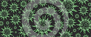 3d sphere with connected lines and dots. Microorganism cells in space. Green virus particles. Abstract vector illustration for