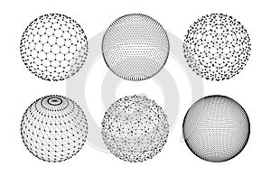 3d sphere mesh. Globe, planet with dots and lines, ball polygon grids. Futuristic technology digital structure wireframe