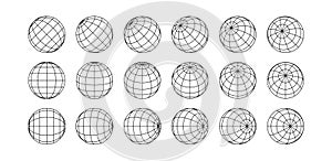 3D spheres grids. Globe meshes, ball in various position. Striped 3D orbs, earth globe grid linear wireframe vector line