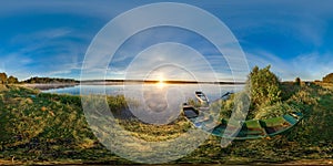 3D spherical panorama with 360 viewing angle. Ready for virtual reality. Sunrise at the bank of lake. Boats on the bank of lake.