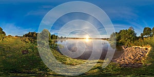 3D spherical panorama with 360 viewing angle. Ready for virtual reality or VR. Sunrise at the bank of lake.