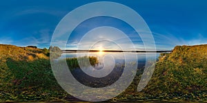 3D spherical panorama with 360 viewing angle. Ready for virtual reality or VR. Sunrise at the bank of lake. Deep blue sky.