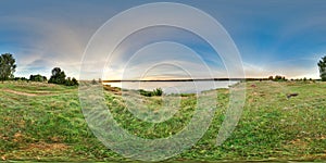 3D spherical panorama with 360 viewing angle. Ready for virtual reality or VR. Sunrise at the bank of lake. Fresh green.