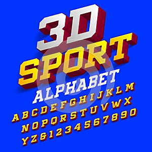 3D sport alphabet font. Three-dimensional effect retro letters and numbers with shadow.