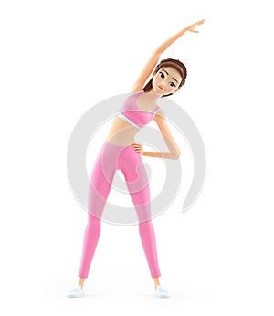 3d sporty woman doing side bend stretch