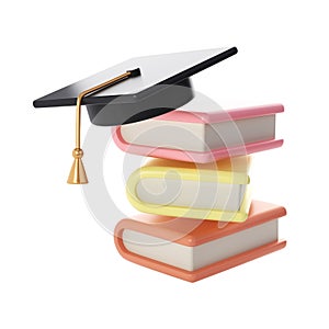 3D Stack of air Closed Books and university or college black cap Icon. Render Educational or Business Literature. E-book