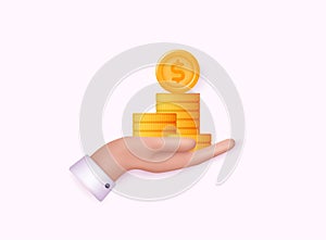 3D Stack of Gold Coins in a hand. Growth, Income, Savings, Investment. Symbol of Wealth. Business Success. 3D Vector Illustrations