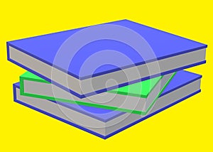 A 3D stack of three tilted thick indigo blue and bright green cover books bright yellow backdrop