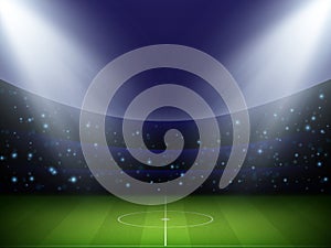 3D stadium lighting. Sport field. Football activity at night playground. Spotlight rays and shadows. Green grass. Soccer