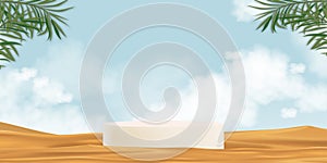 3d Stand Podium on Beach Sand,Desert Dunes Wave with Blue Sky and Cloud,Coconut Palm Laves,Vector banner backdrop Display circle