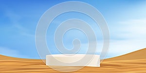3d Stand Podium on Beach Sand or Desert Dunes Wave with Blue Sky and Clouds background,Vector banner backdrop Display circle on