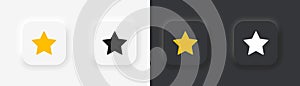 3d star neumorphism buttons. Black and white squares with golden neumorph stars buttons. Badges with light and shadow for ui on