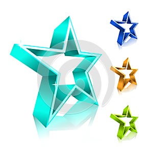 3d star with sparkling lights variations, golden, cyan, blue and green colors. Vector illustration