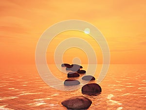 3D stepping stones in an ocean against a sunset sky