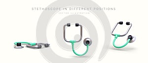 3D stethoscope, view from different sides. Medical instrument for listening to lungs, heart