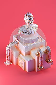 3d still life with bust statue and simple cubic architectural forms