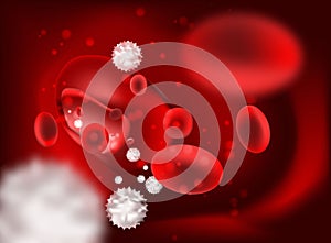 3d streaming blood cells on red background.