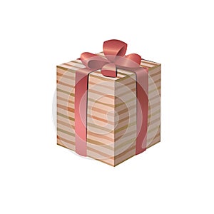 3D striped gift box with a pink ribbon bow.