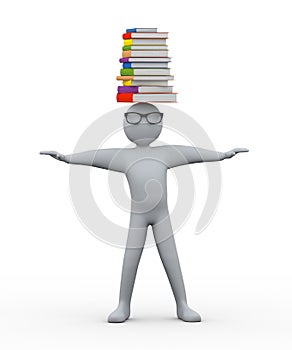 3d student with pile of books on head
