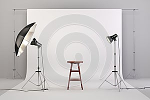 3d studio setup with wooden chair and white background