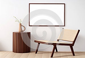 3D style. The design of the relaxation corner is placed with a wooden chair. And the walls of the room hung empty frames.