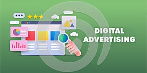 3d style illustration of digital advertising, content planning, data analytics business development  and marketing strategy.